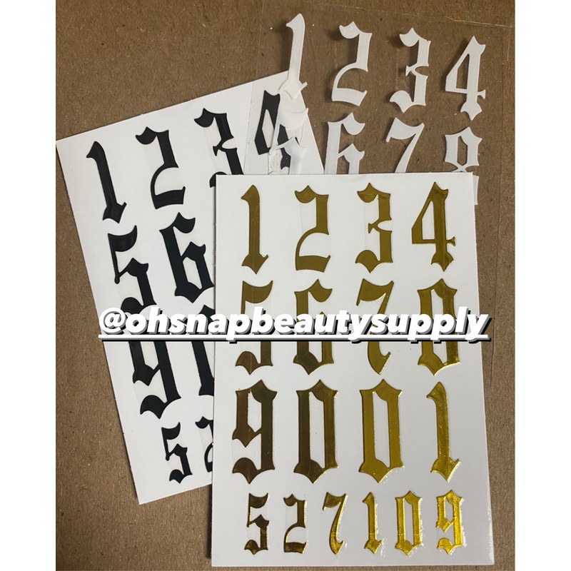 **Large OLD ENGLISH NUMBERS (Gold, White & Black)Stickers 3pcs