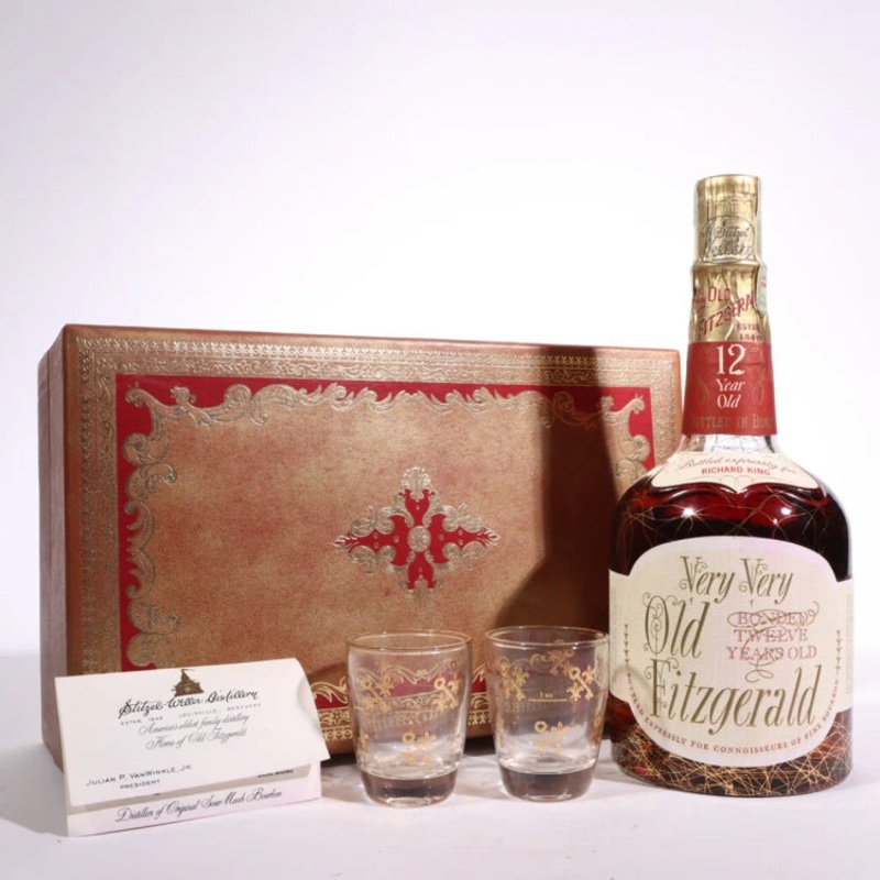 1967 Old Fitzgerald Bonded Very Very Old 12 Year Old Bourbon Whiskey With Box and Glasses 4/5 Quart