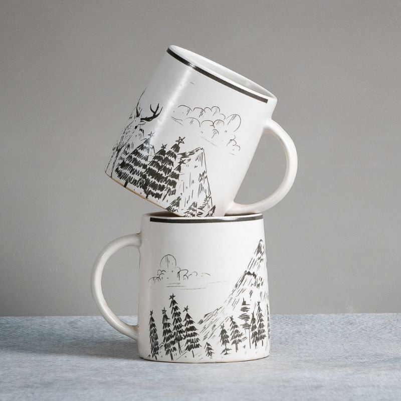 Almiro Tree | Ceramic Coffee Mug with Reindeer Design | White | Ceramic  | 300 ml | 2 PC