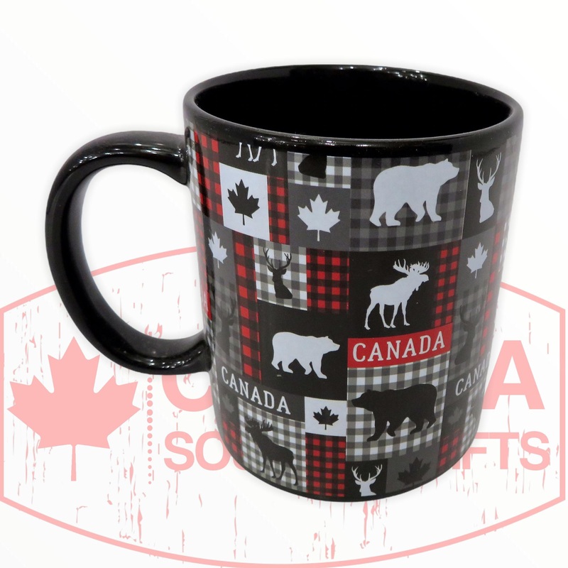 Canada Coffee Mug with Canadian Highlights – Moose, Bear, Deer and Maple Leaf – Plaid Themed Design