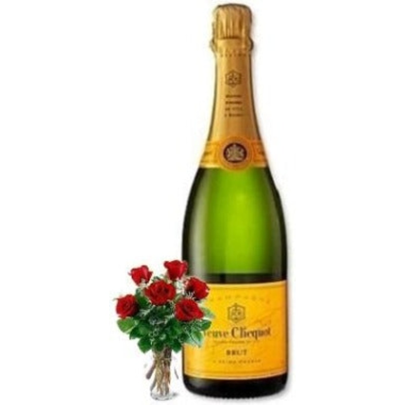 Veuve Clicquot Ponsardin Champagne with 6 Red or Yellow Roses