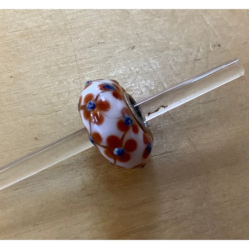 Unique Trollbeads white with brown flowers with raised blue dot