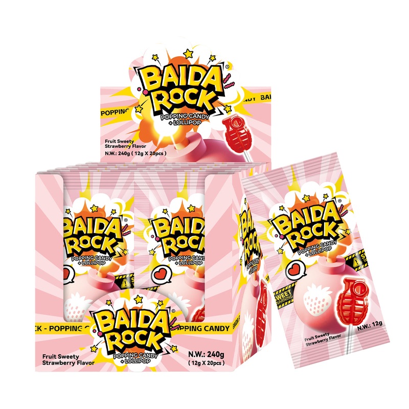 Baida Rock Popping Candy w/ Lolli Strawberry – 1 Box (12g*20)